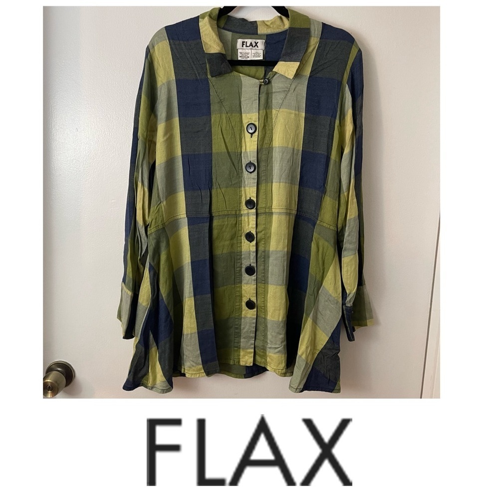 FLAX Lagoon Plaid Long Sleeve Button Down Tunic in Size M